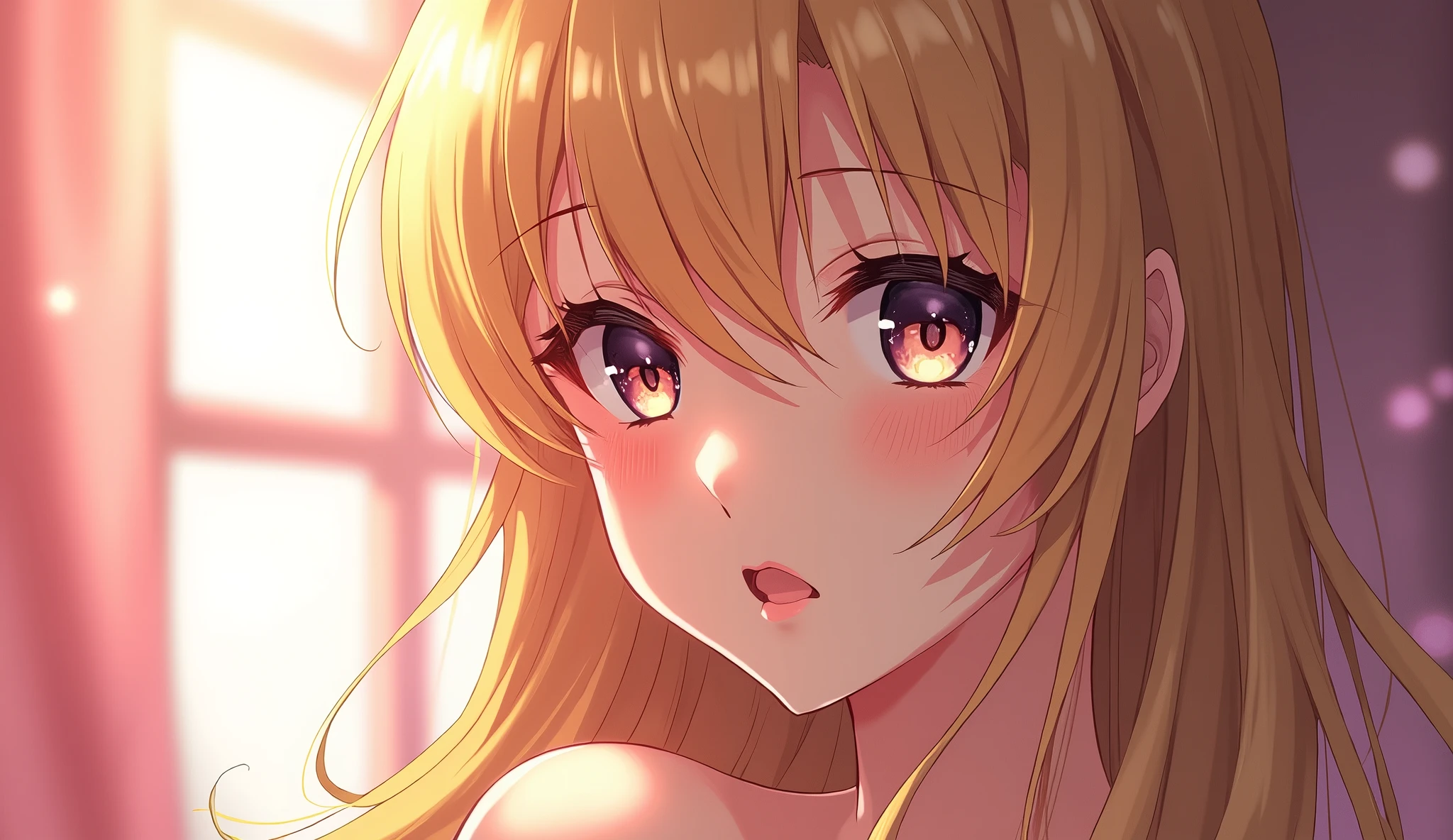 (best quality, ultra-detailed, photorealistic: 1.39), bright and vibrant colors, studio lighting, romantic expression, An effeminate girl, with a delicate and beautiful face. She is a girl who reflects seductive beauty, sparkling eyes, a beautiful woman with her blonde hair, her large breasts seduces, her silver eyes match her parted lips, beautiful pose in the left corner of the image, in the background it says cute and sexy girls, anime style, Anime Bishoujo
