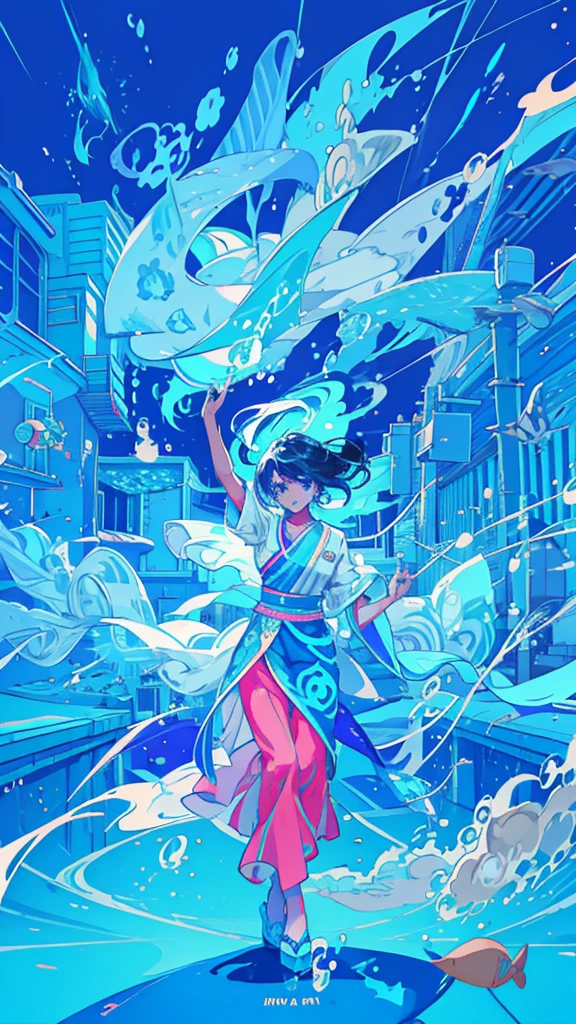 Illustrator, anime , 1 person, ,order, Blue gradient background, Neon Hair,Texture Trim, (masterpiece,Highest quality) Cancer,Bollywood,Indian girl,Brown Skin,Dancing,Brown Skin,night,Album artwork
