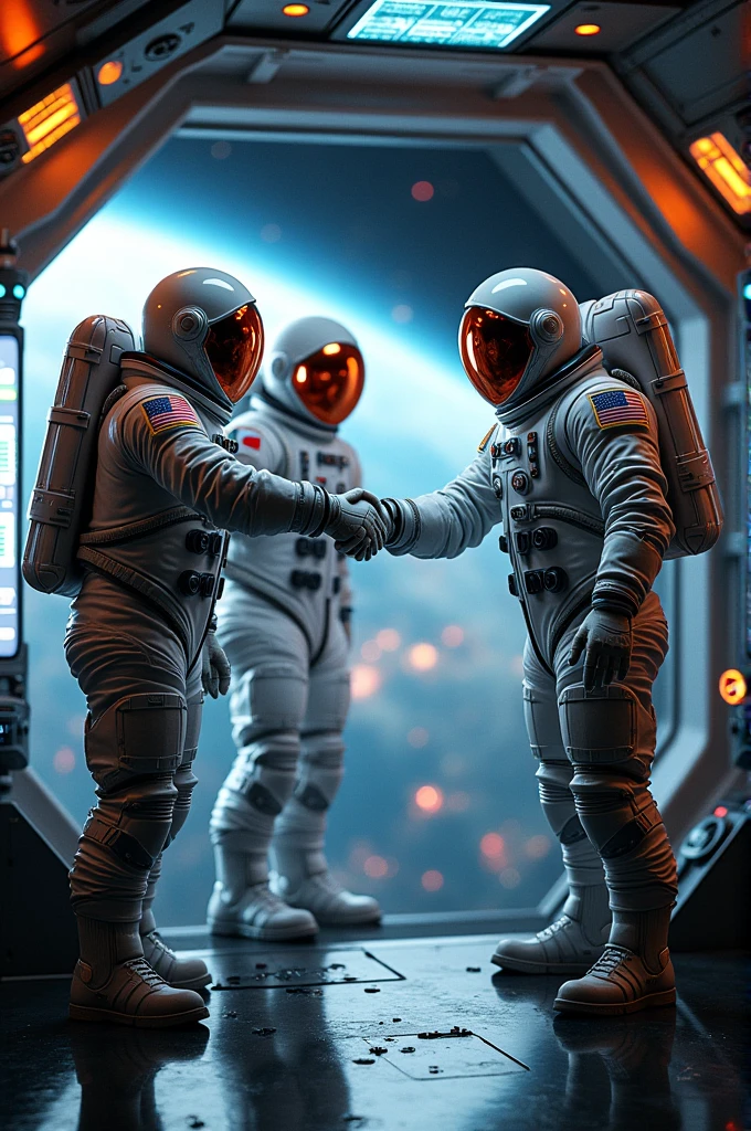 Three astronauts shaking hands inside a spaceship
