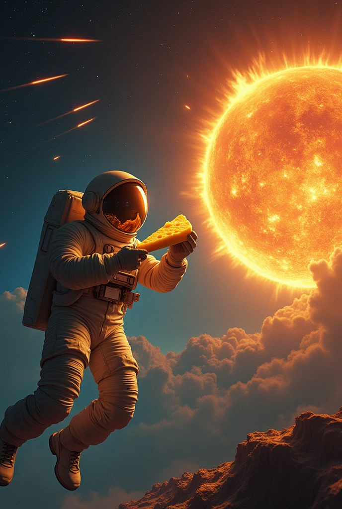 An astronaut eating the cheese moon while the sun destroys the earth
