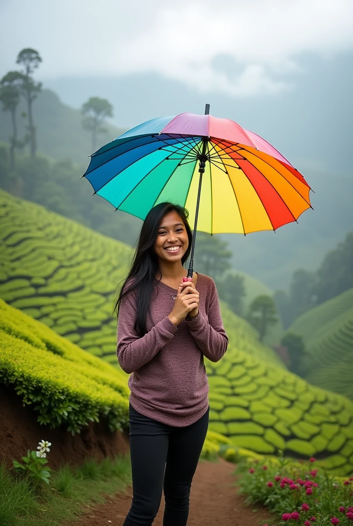 A image in nuwaraeliya in sri lanka cool place aand a girl 24 years  is with  umbrella feeling life
