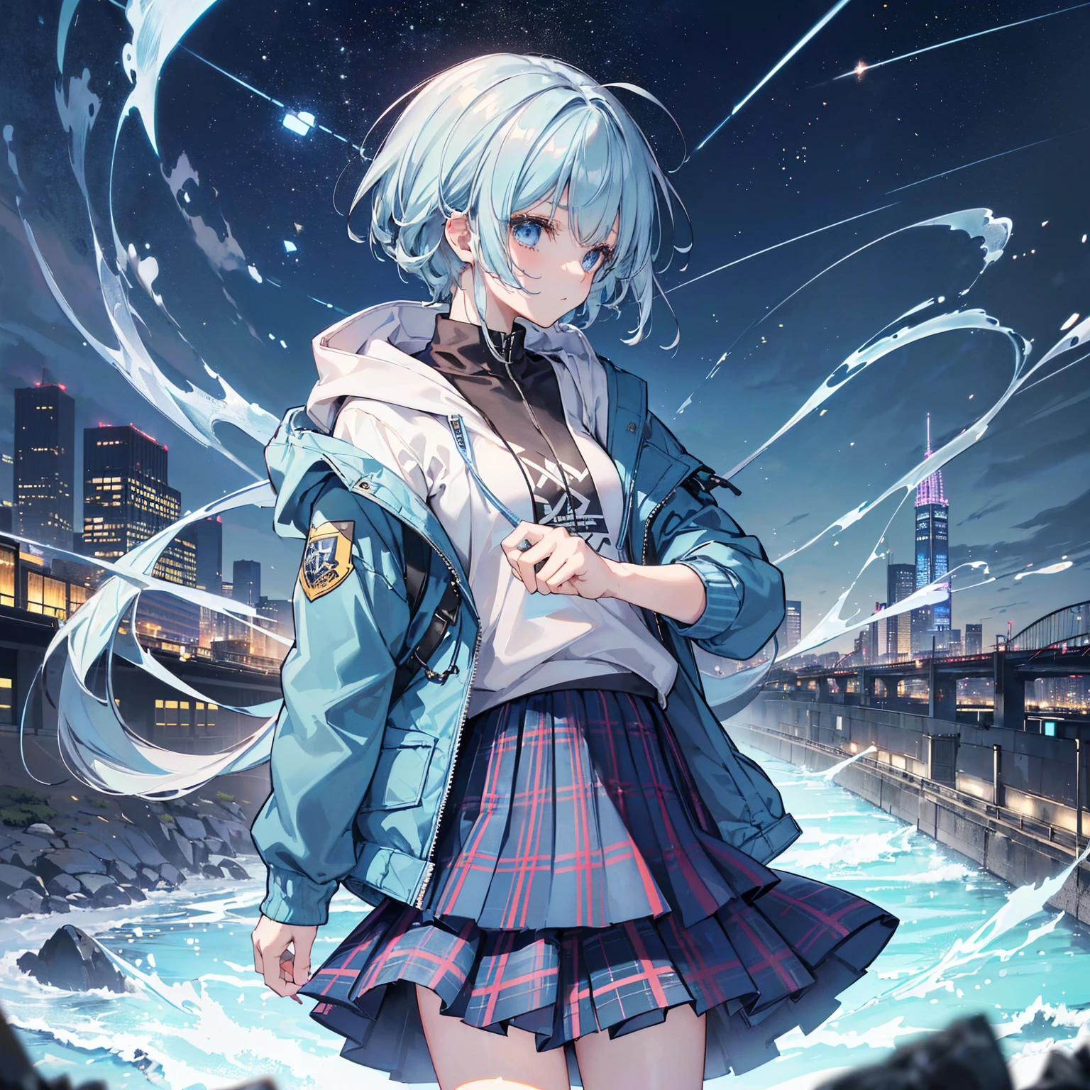 8k, Highest quality, (real:1.4), Original photo, 1 person, ,arched back,(masterpiece、Highest quality、Highest Resolution、Clear_image、Detailed details、Angle from above): (Light blue clam hair,smart blue eyes,（Perfect body：1.4）、(Woman wearing a skirt and jacket, Tartan hoodie, Tartan Parka, Checked skirt, Casual clothing style, Wide skirt, Tartan garment, The Style of Chie Yoshii, Layered Skirt, Wearing a jacket and skirt, Profile, Komono, Long Skirt, Grunge Style, Wearing long flowing clothes, Asymmetric!!, rena nounen style 3/4)、Kobe cityscape
