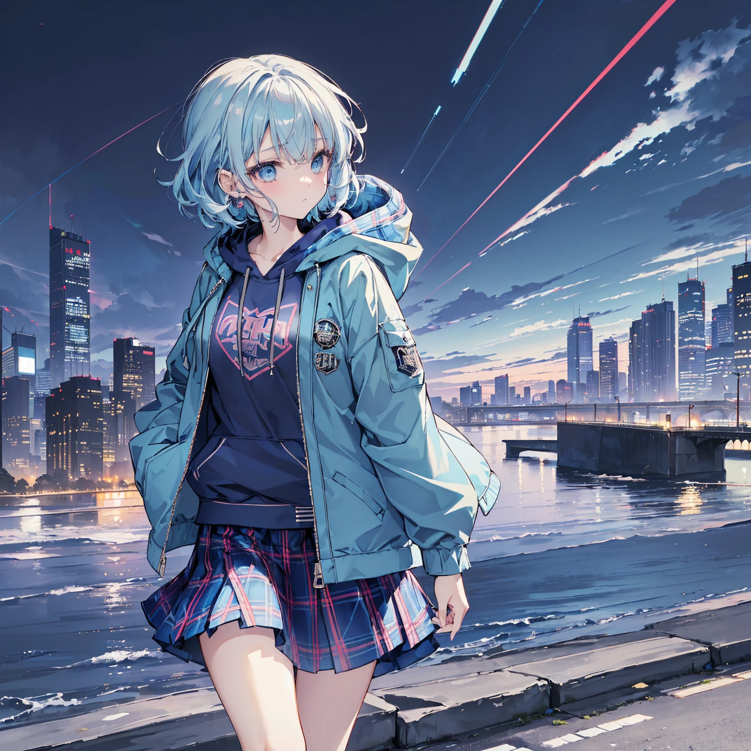 8k, Highest quality, (real:1.4), Original photo, 1 person, ,arched back,(masterpiece、Highest quality、Highest Resolution、Clear_image、Detailed details、Angle from above): (Light blue clam hair,smart blue eyes,（Perfect body：1.4）、(Woman wearing a skirt and jacket, Tartan hoodie, Tartan Parka, Checked skirt, Casual clothing style, Wide skirt, Tartan garment, The Style of Chie Yoshii, Layered Skirt, Wearing a jacket and skirt, Profile, Komono, Long Skirt, Grunge Style, Wearing long flowing clothes, Asymmetric!!, rena nounen style 3/4)、Kobe cityscape

