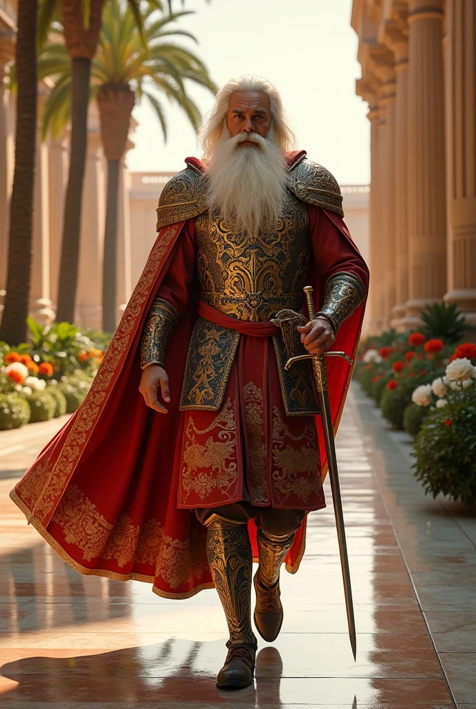 Persian general with a well-groomed white beard in his clothes walking with a sword with a haughty look in the background the courtyard of the palace of the king of Persia