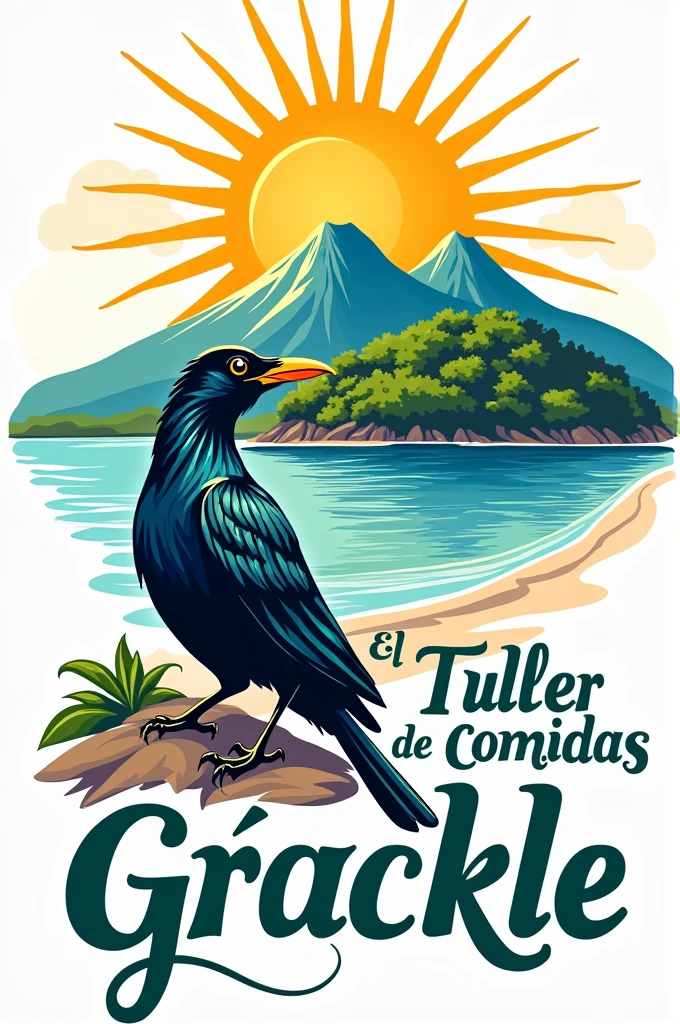 Create a logo that says the grackle dining workshop in Spanish with a grackle and the island of Ometepe in the background that has 2 volcanoes and with bright and beautiful colors