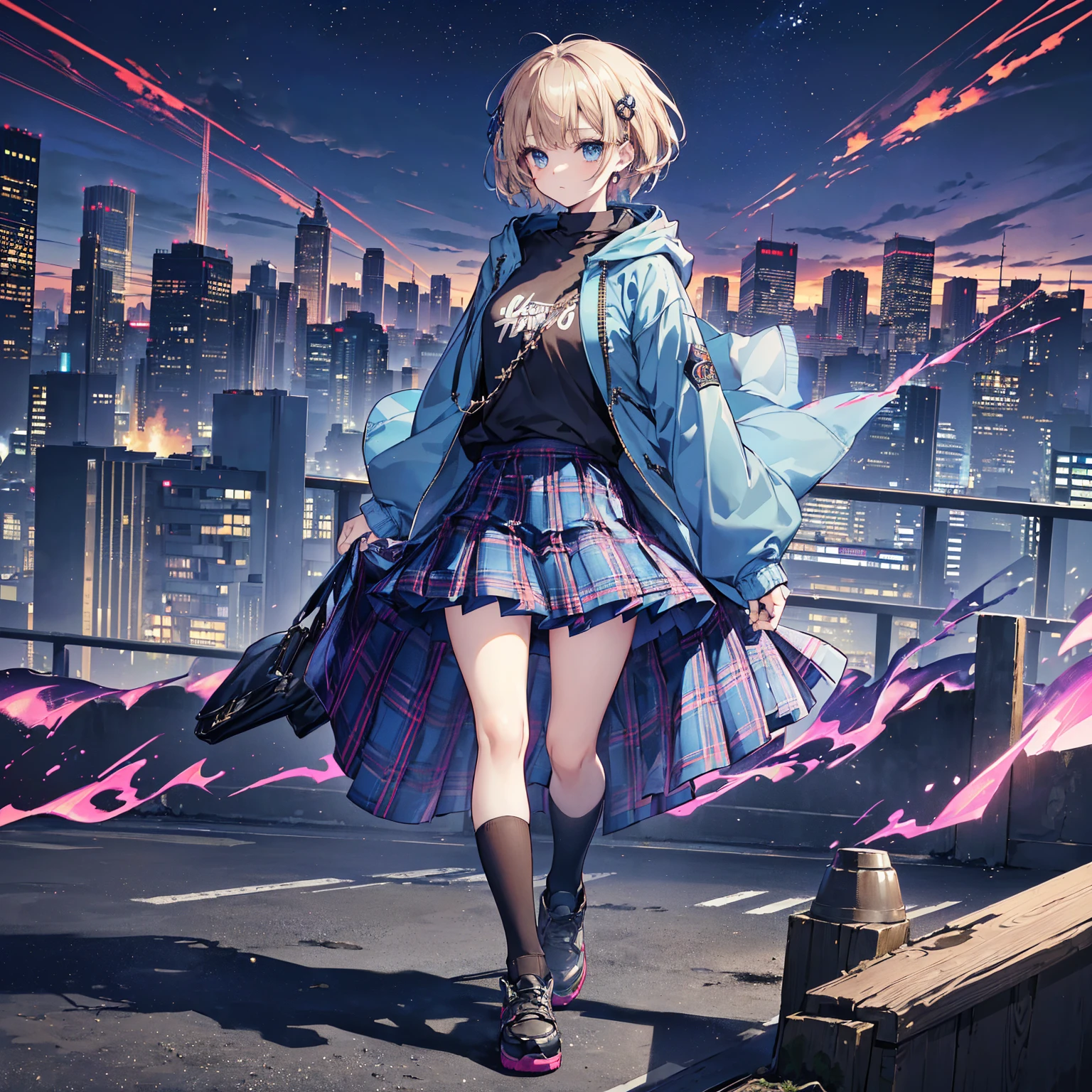 8k, Highest quality, (real:1.4), Original photo, 1 person, ,arched back,(masterpiece、Highest quality、Highest Resolution、Clear_image、Detailed details、Angle from above): (Asari Hair,smart blue eyes,(Perfect body:1.4)、(Woman wearing a skirt and jacket, Tartan hoodie, Tartan Parka, Checked skirt, Casual clothing style, Wide skirt, Tartan garment, The Style of Chie Yoshii, Layered Skirt, Wearing a jacket and skirt, Profile, Komono, Long Skirt, Grunge Style, Wearing long flowing clothes, Asymmetric!!, rena nounen style 3/4)、Kobe cityscape