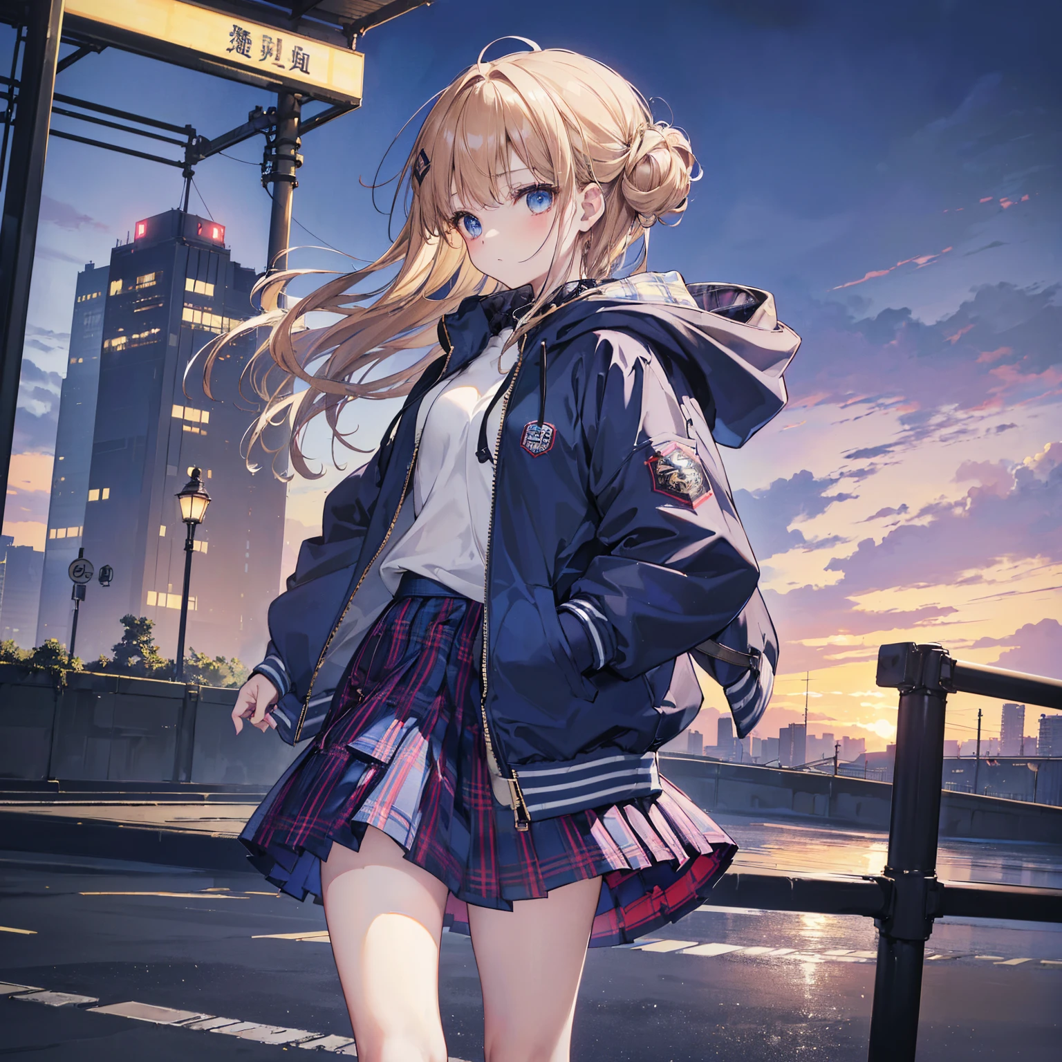 8k, Highest quality, (real:1.4), Original photo, 1 person, ,arched back,(masterpiece、Highest quality、Highest Resolution、Clear_image、Detailed details、Angle from above): (Asari Hair,smart blue eyes,(Perfect body:1.4)、(Woman wearing a skirt and jacket, Tartan hoodie, Tartan Parka, Checked skirt, Casual clothing style, Wide skirt, Tartan garment, The Style of Chie Yoshii, Layered Skirt, Wearing a jacket and skirt, Profile, Komono, Long Skirt, Grunge Style, Wearing long flowing clothes, Asymmetric!!, rena nounen style 3/4)、Kobe cityscape