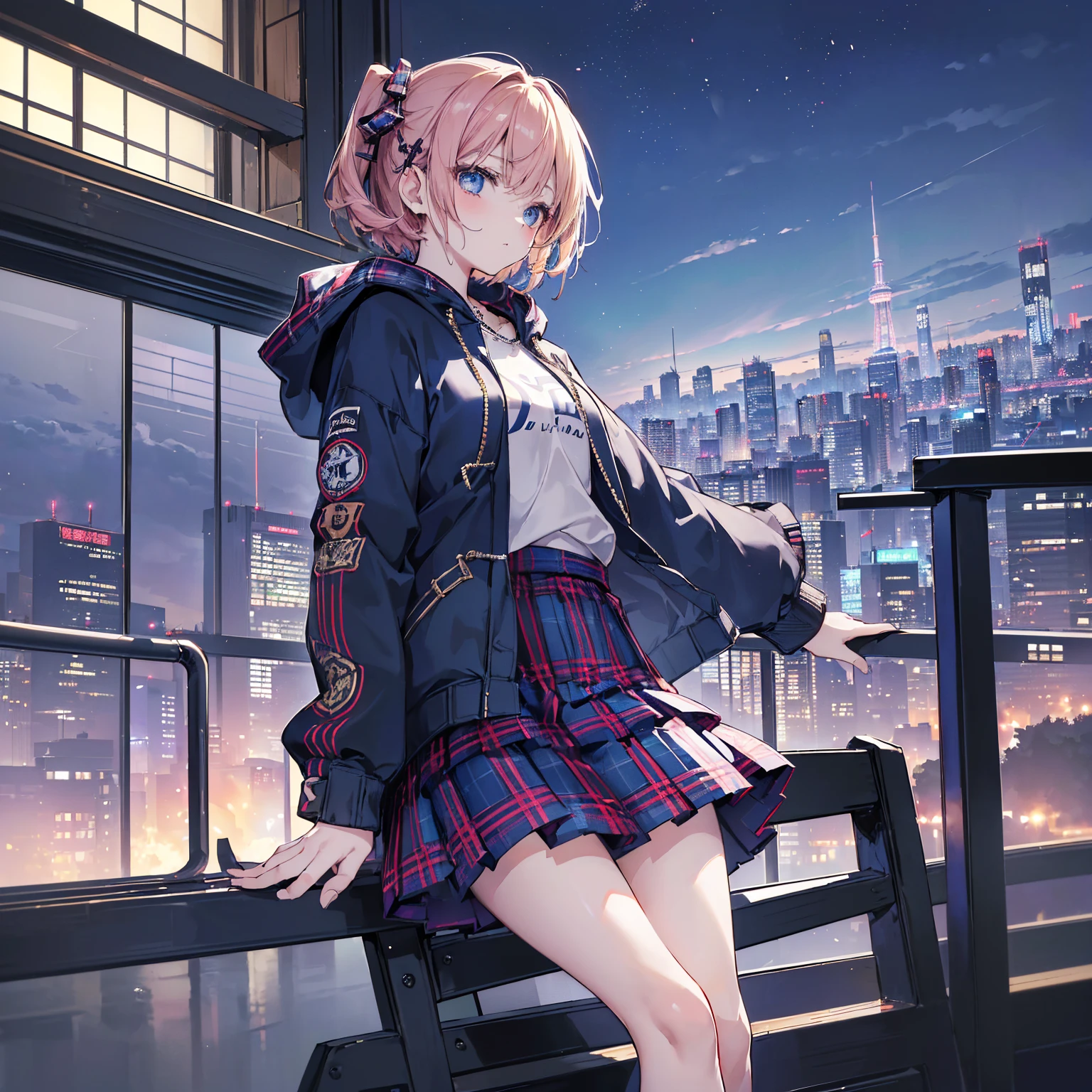 8k, Highest quality, (real:1.4), Original photo, 1 person, ,arched back,(masterpiece、Highest quality、Highest Resolution、Clear_image、Detailed details、Angle from above): (Asari Hair,smart blue eyes,(Perfect body:1.4)、(Woman wearing a skirt and jacket, Tartan hoodie, Tartan Parka, Checked skirt, Casual clothing style, Wide skirt, Tartan garment, The Style of Chie Yoshii, Layered Skirt, Wearing a jacket and skirt, Profile, Komono, Long Skirt, Grunge Style, Wearing long flowing clothes, Asymmetric!!, rena nounen style 3/4)、Kobe cityscape