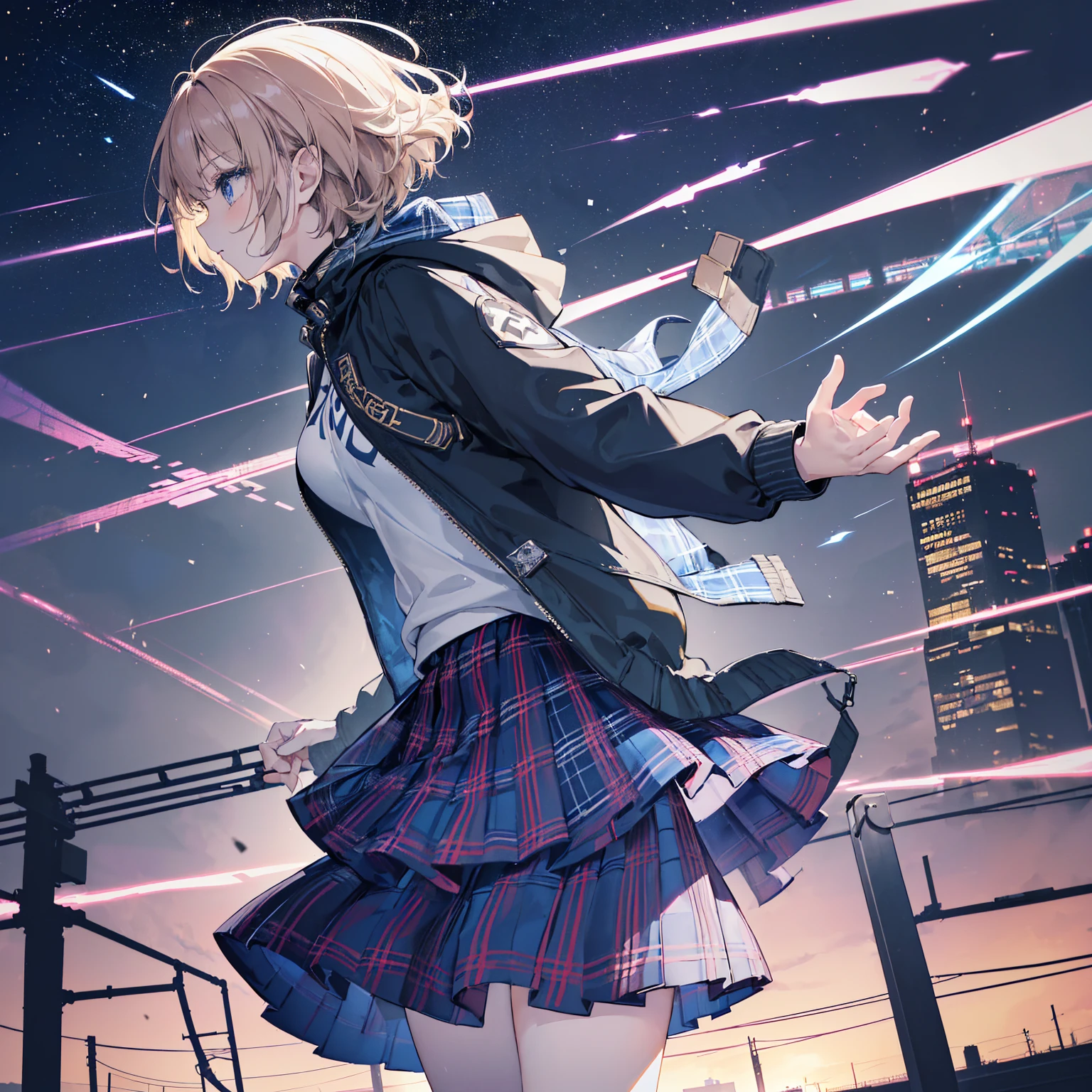 8k, Highest quality, (real:1.4), Original photo, 1 person, ,arched back,(masterpiece、Highest quality、Highest Resolution、Clear_image、Detailed details、Angle from above): (Asari Hair,smart blue eyes,(Perfect body:1.4)、(Woman wearing a skirt and jacket, Tartan hoodie, Tartan Parka, Checked skirt, Casual clothing style, Wide skirt, Tartan garment, The Style of Chie Yoshii, Layered Skirt, Wearing a jacket and skirt, Profile, Komono, Long Skirt, Grunge Style, Wearing long flowing clothes, Asymmetric!!, rena nounen style 3/4)、Kobe cityscape