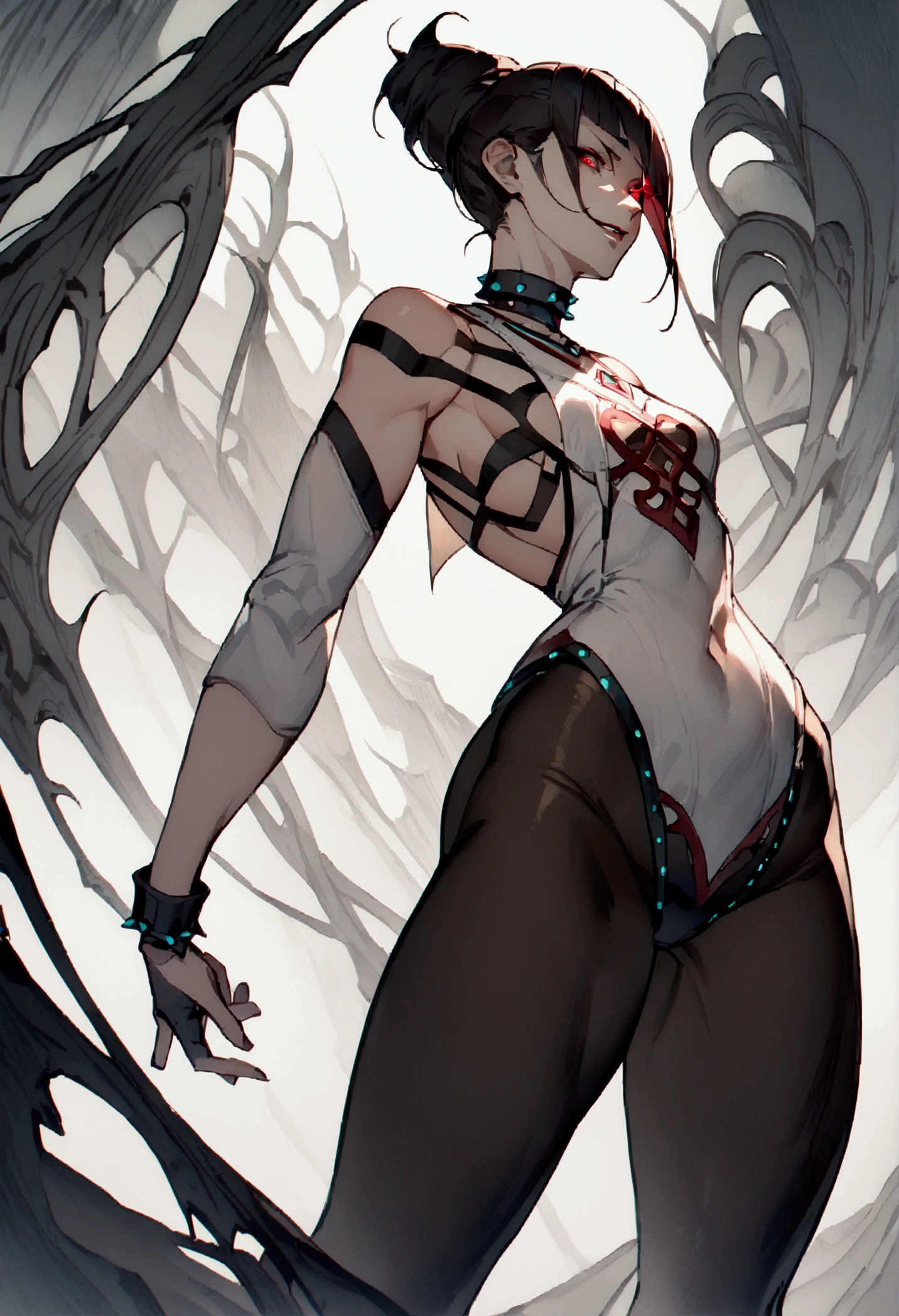 fully body,standing,alone,short hair,work of art,face detailed,young fitness linda,Wearing black pantyhose,tight white sweater with collar ,neckleace,evil smile,red eyes glowing,labiaa,eye shadow,bangs on the eyes,black gloves,
