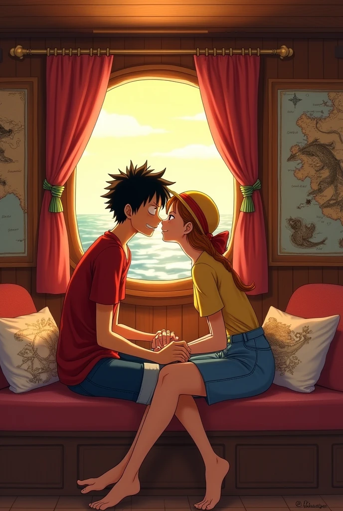 Luffy and Nami&#39;s son kisses his partner in his room inside the ship 