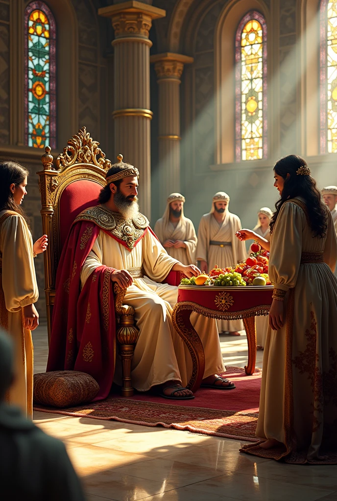 King solomons castle eating fruits servants serving him