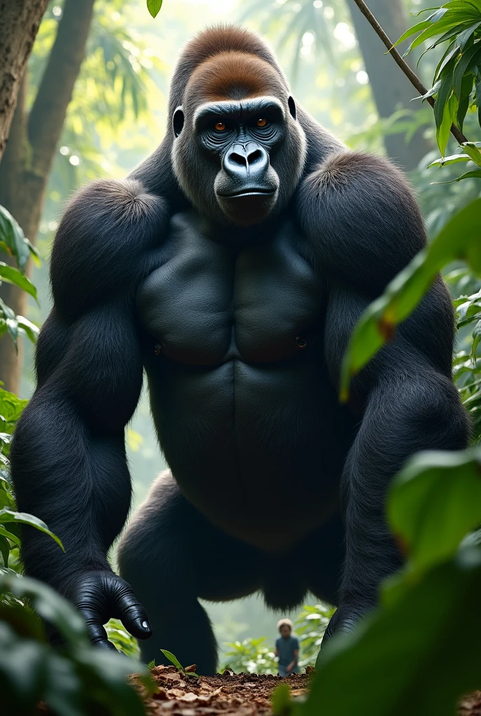 The image shows a colossal and powerful gorilla in a dense tropical jungle. The gorilla has shiny black fur that covers its muscular body., with a broad chest and strong arms that exude brute strength. His eyes are deep and brown, radiating an aura of intelligence and authority. His huge hands are resting on the floor, while he is in an upright posture, as if observing the environment carefully.The surrounding scenery is lush, verdant jungle., with tall trees and dense foliage that block most of the sunlight. There is a human figure hidden behind a large leaf, highlighting the gorilla's intimacy and dominance over the environment. The atmosphere is hot and humid, with the distant sound of wild animals and the rustling of leaves in the wind. The soft light that penetrates the treetops illuminates the gorilla, highlighting the shine of its fur and the imposing presence of its presence in the jungle.