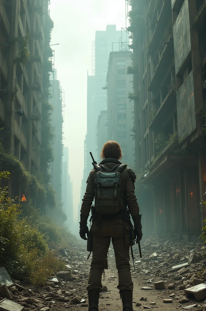 A person standing in the middle of a destroyed city 