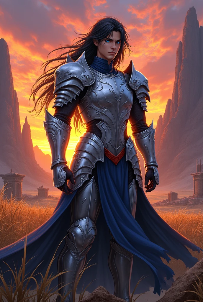 Kaome Higurashi a brave warrior in silver armor, black hair and blue eyes