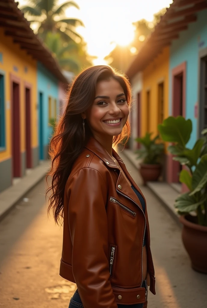 brazilian girl, brown leather, Beautiful smile