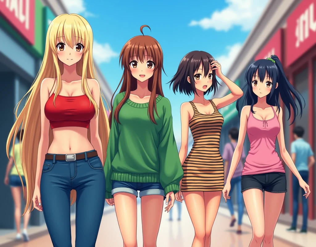 a group of anime girls at a mall, first girl wearing a red tube top and jeans with long blonde hair, the second girl has brown hair and wearing baggy green sweater with shorts, the third girl has black hair and tan wearing a tight sleeveless striped dress, both her hands fixing hair and exposing her armpits, the fourth girl has brown ponytail hair with pink tank top that has noodle straps and miniskirt.
