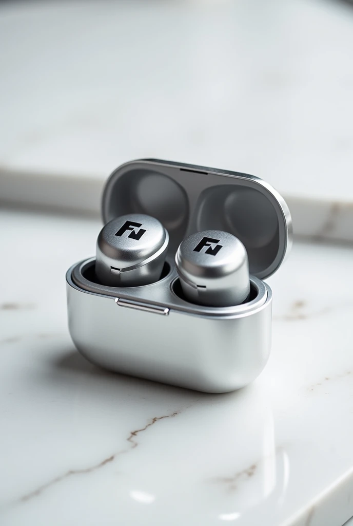 Silver bluetooth headset with charging case, with the letters ( F N ) printed in black and white
