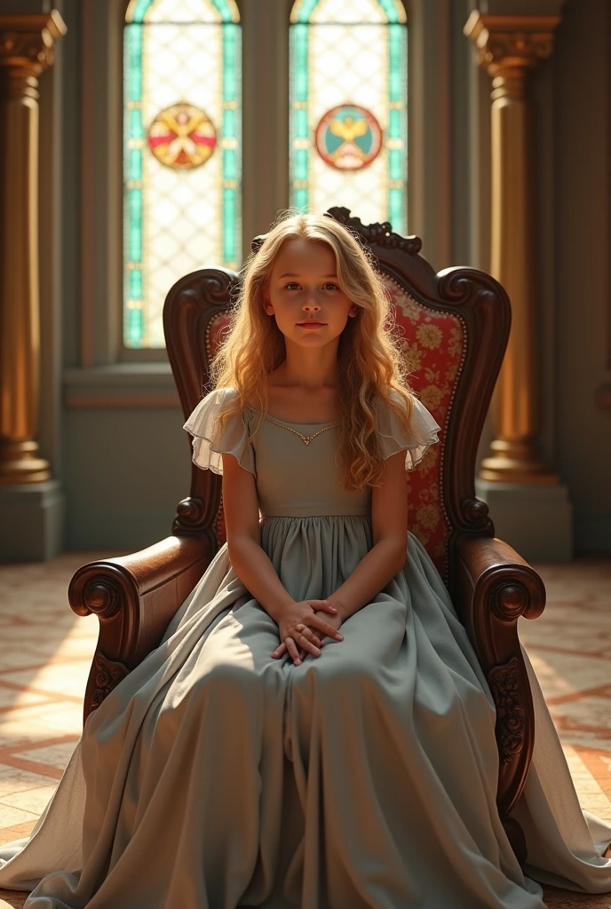 A young, stunningly beautiful and blonde child princess, dressed in a light silver, foot-length dress with short sleeves, sitting on her throne in the throne room of her castle, she is wearing no crown and no jewelry, view of the princess from the front and in full body view from head to toe, hyperrealistic,