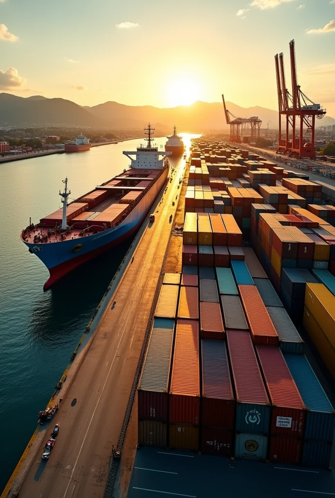Illustration of a port without people, are the containers and cargo ships and the port