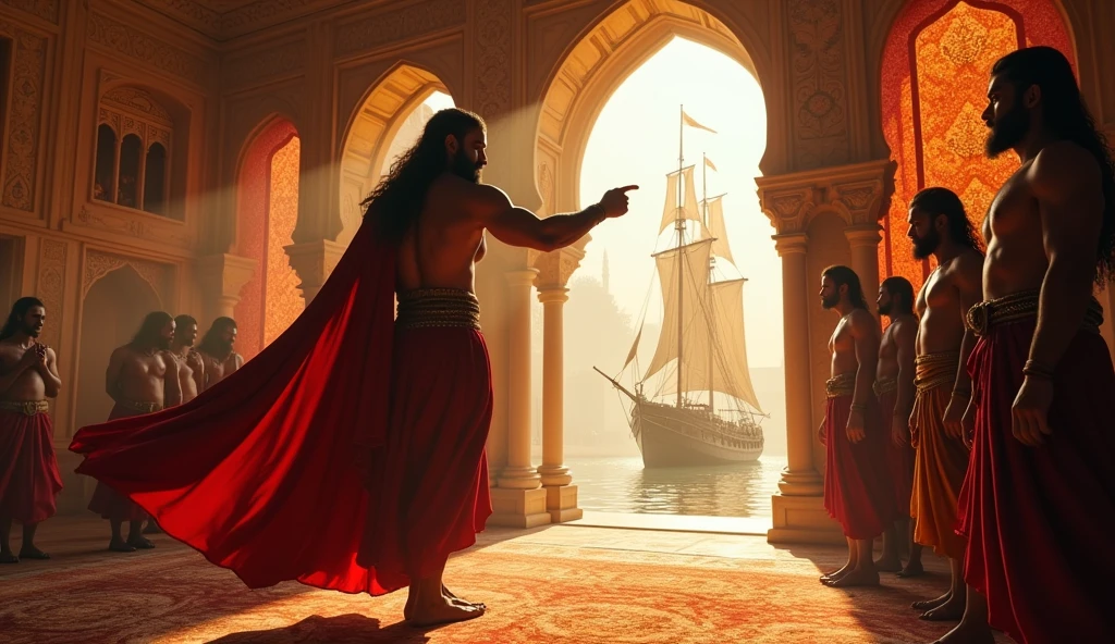 Generate a high quality interior of an indian palace with big windows without mirror and classic curtain closing, the indian king having bodybuilder physic and long hairs scolding and ordering his all male servents standing with anger standing in front of them giving order, the king is pointing finger toward only male servents with visible king face king is walking towards the ship