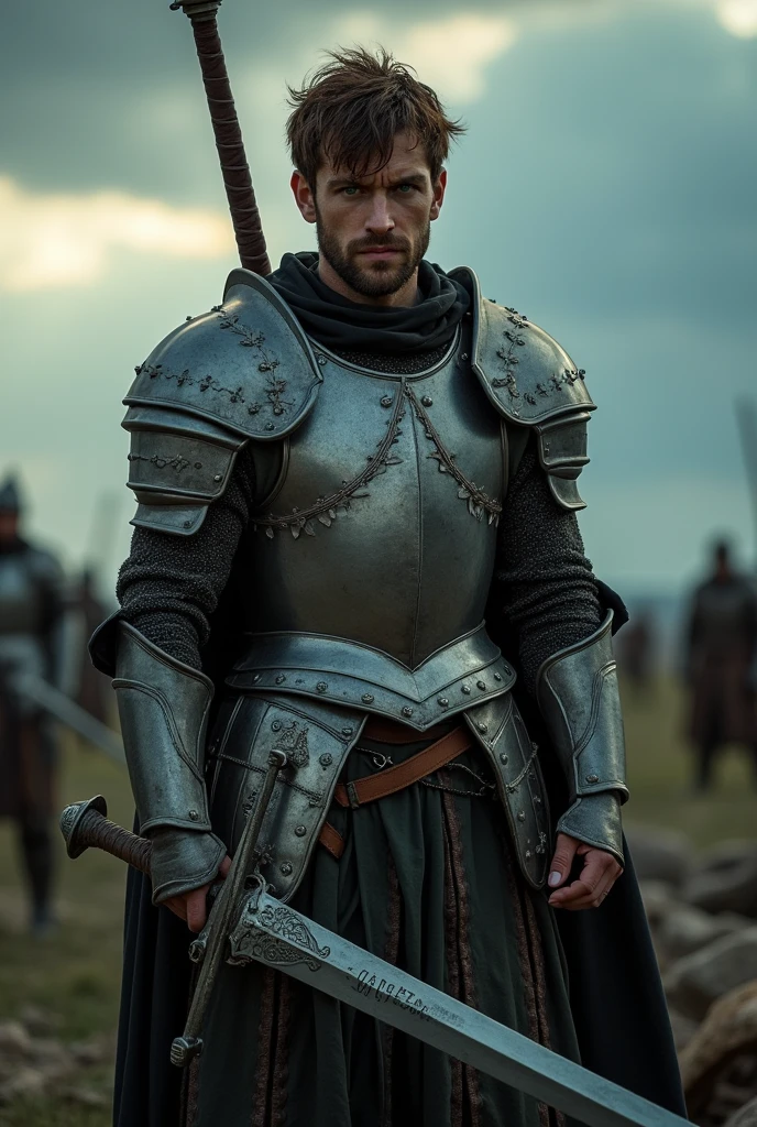Un combattant guerrier en armure légère, cheveux brun en bataille, yeux vert, regard perçant, une immense et large claymore dans le dos, ongles noir