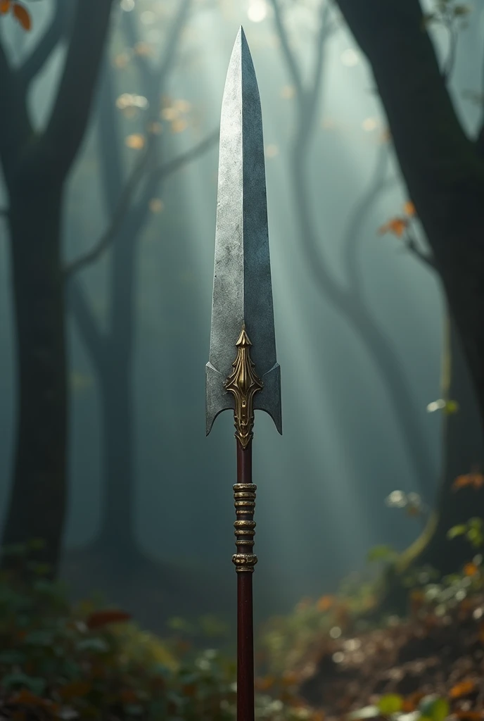 Silver-colored spear with a deep brown handle with golden notches and a long, wide, shiny gray edge.