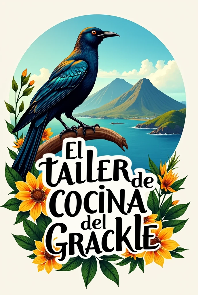 Create a logo that says "the grackle dining workshop" in Spanish with a grackle and the island of Ometepe in the background that has 2 volcanoes and with bright and beautiful colors