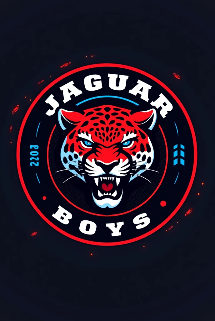 Here's the prompt:
"Design an illustrated logo for a football team called 'Jaguar Boys,' inspired by the Manchester City logo. The logo should be a circular emblem with a fierce, stylized jaguar head at its center. Surround the jaguar with a bold ring that includes the team name 'Jaguar Boys' at the top and the founding year '2022' at the bottom. Use a color scheme of black, red, white, and deep blue to create a striking and dynamic look. Incorporate subtle football elements, like a small ball or goal net, to emphasize the team's sporty nature while maintaining a sleek and modern aesthetic."