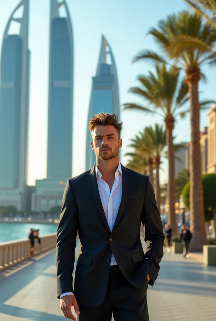 Draw a handsome model man in Baku city next to 3 towers around the Caspian Sea
