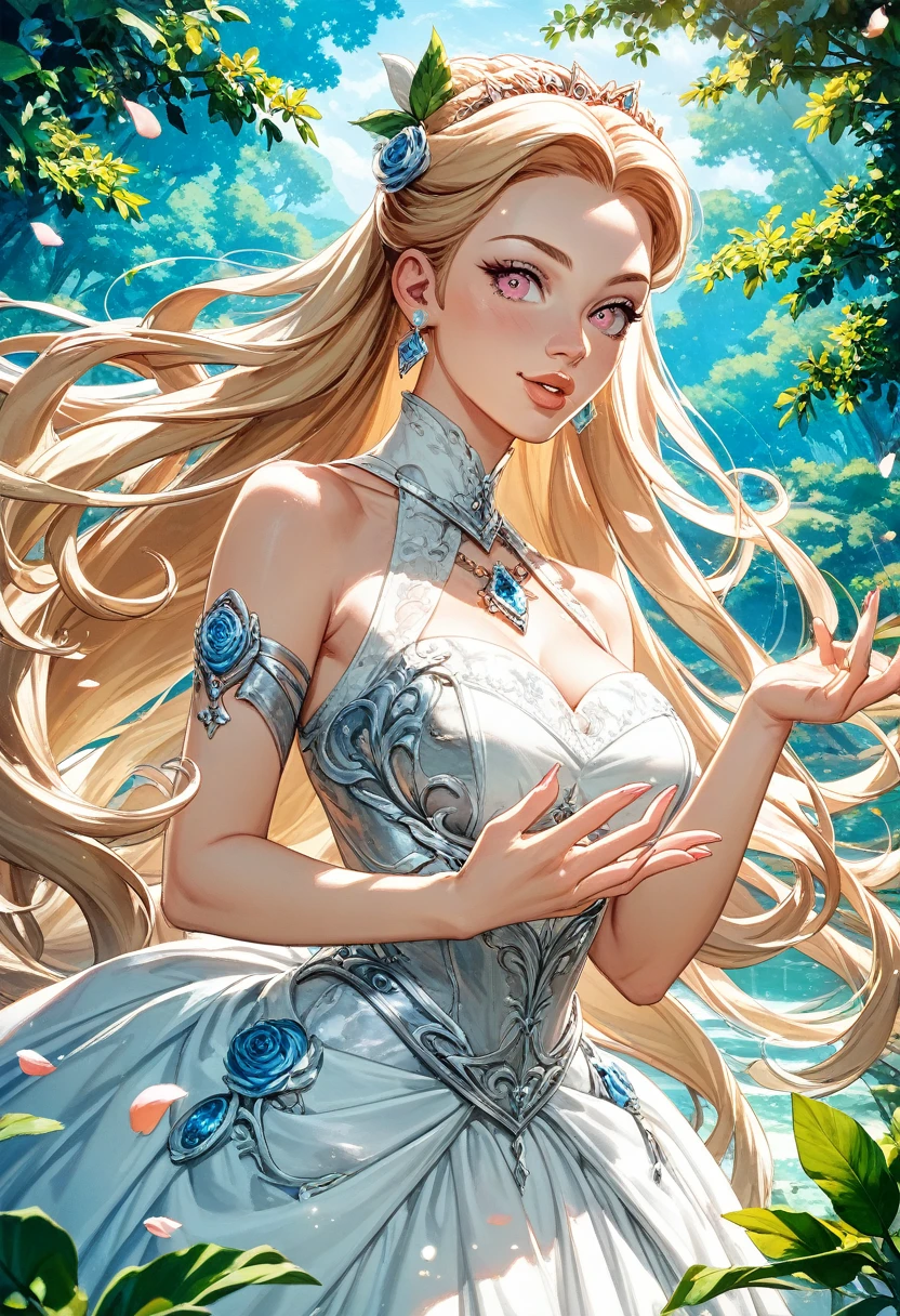 ((best quality)), ((artwork)), ((extremely detailed face)), ((perfect lighting)), ((extremely detailed CG)), ((perfect hands, perfect anatomy)), Appearance= Slender, voluptuous figure, pale skin, youthful, ravishingly beautiful, high cheekbones, delicate features, straight nose, full lips; light pink eyes; very long, flowing ash blonde hair Personality= Modest, reserved. Clothing= Long sleeveless white dress Occupation= Dawnstar, Princess Starfall Reputation= The most beautiful woman in the world.