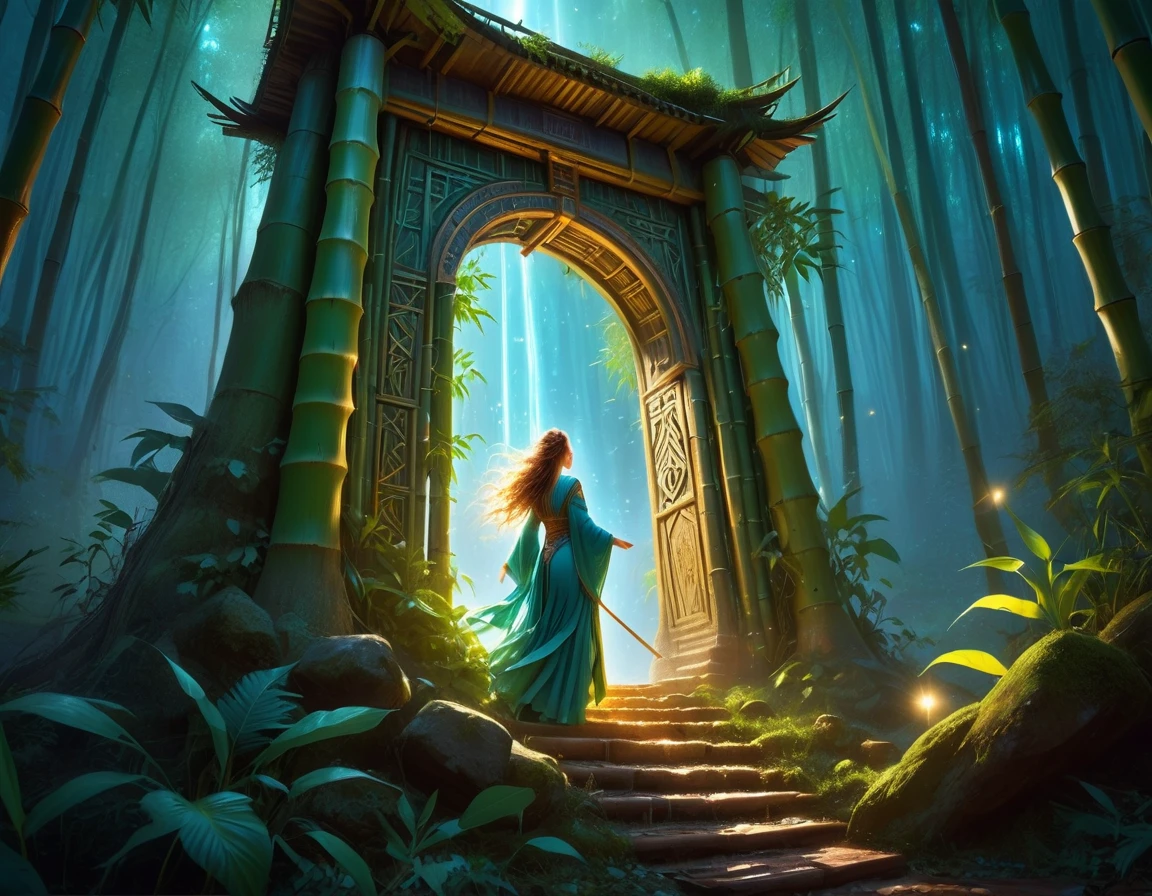  picture of a human sorceress sittings in bamboo forest, opening a large (magical doorway: 1.2), with magical runes on it, looking into the (heavens: 1.3), fantasy art, RPG art, an epic beautiful human woman (best details, Masterpiece, best quality), ultra detailed face (best details, Masterpiece, best quality), dynamic hair color, dynamic hair style, dynamic eyes color, dynamic dress (best details, Masterpiece, best quality), bamboo, the magical doorway opens into the heavens and you can see angels flying, glowing arcane sigils GlowingRunes_paleblue, fantasy bamboo forest at night, moon light, moon rays, stars, Ultra-high resolution, High Contrast, (masterpiece:1.5), highest quality, Best aesthetics), 16K fantasy art, best details, best quality, highres, (ultra wide angle: 1.2), 16k, [ultra detailed], masterpiece, best quality, (extremely detailed), Cinematic Hollywood Film