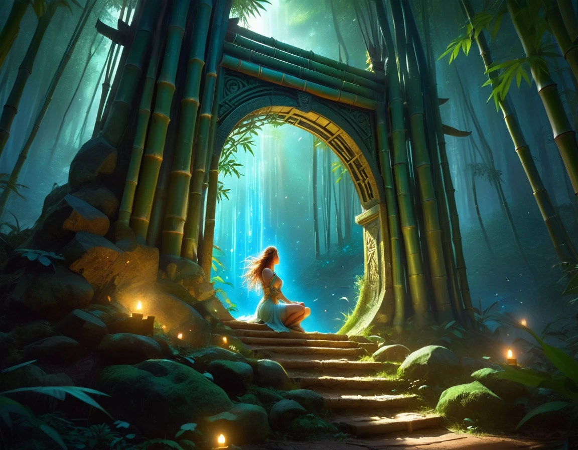  picture of a human sorceress sittings in bamboo forest, opening a large (magical doorway: 1.2), with magical runes on it, looking into the (heavens: 1.3), fantasy art, RPG art, an epic beautiful human woman (best details, Masterpiece, best quality), ultra detailed face (best details, Masterpiece, best quality), dynamic hair color, dynamic hair style, dynamic eyes color, dynamic dress (best details, Masterpiece, best quality), bamboo, the magical doorway opens into the heavens and you can see angels flying, glowing arcane sigils GlowingRunes_paleblue, fantasy bamboo forest at night, moon light, moon rays, stars, Ultra-high resolution, High Contrast, (masterpiece:1.5), highest quality, Best aesthetics), 16K fantasy art, best details, best quality, highres, (ultra wide angle: 1.2), 16k, [ultra detailed], masterpiece, best quality, (extremely detailed), Cinematic Hollywood Film