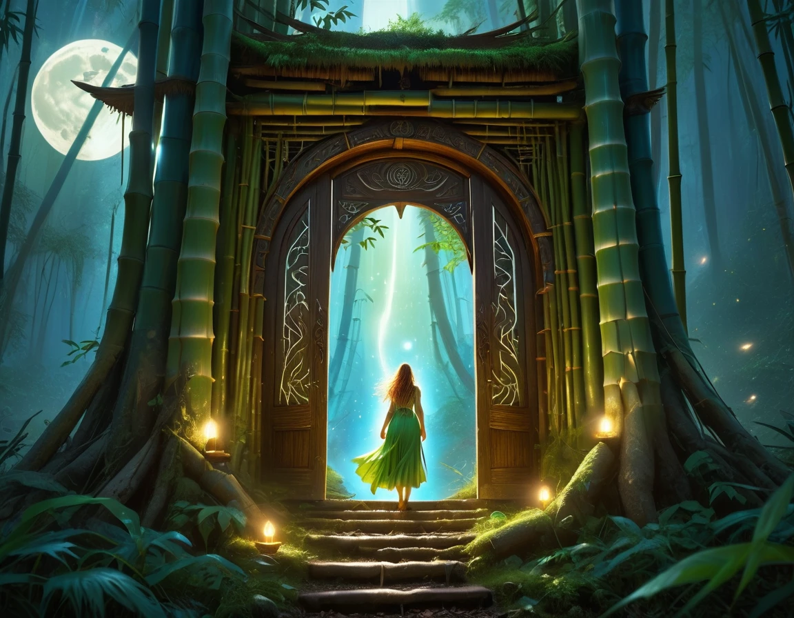  picture of a human sorceress sittings in bamboo forest, opening a large (magical doorway: 1.2), with magical runes on it, looking into the (heavens: 1.3), fantasy art, RPG art, an epic beautiful human woman (best details, Masterpiece, best quality), ultra detailed face (best details, Masterpiece, best quality), dynamic hair color, dynamic hair style, dynamic eyes color, dynamic dress (best details, Masterpiece, best quality), bamboo, the magical doorway opens into the heavens and you can see angels flying, glowing arcane sigils GlowingRunes_paleblue, fantasy bamboo forest at night, moon light, moon rays, stars, Ultra-high resolution, High Contrast, (masterpiece:1.5), highest quality, Best aesthetics), 16K fantasy art, best details, best quality, highres, (ultra wide angle: 1.2), 16k, [ultra detailed], masterpiece, best quality, (extremely detailed), Cinematic Hollywood Film