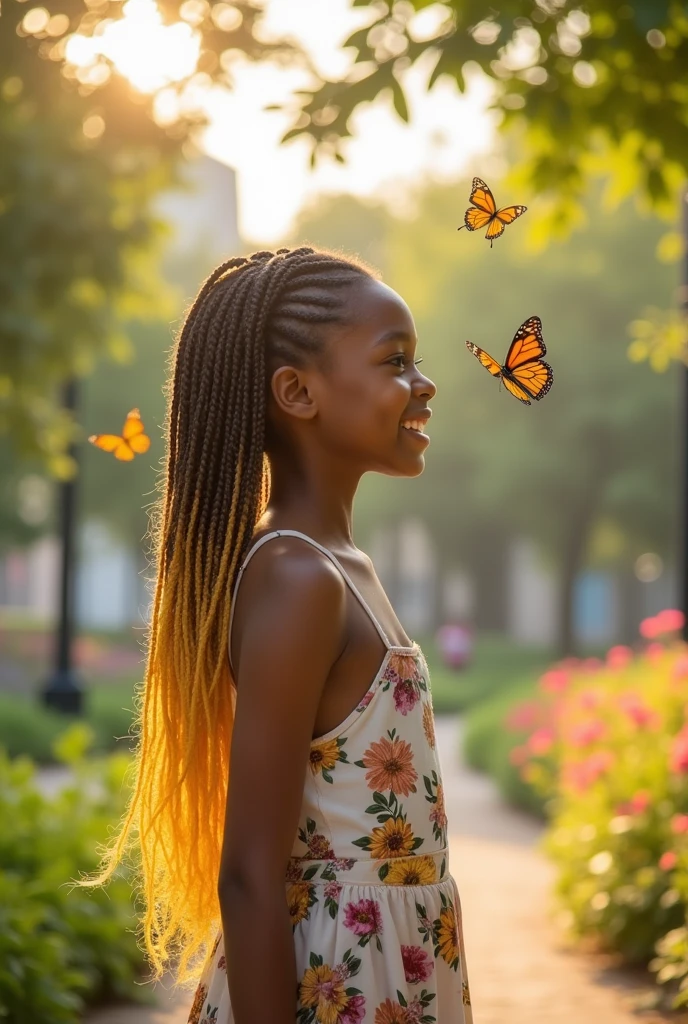 A girl with light brown African braids with tips that fade to yellow 
