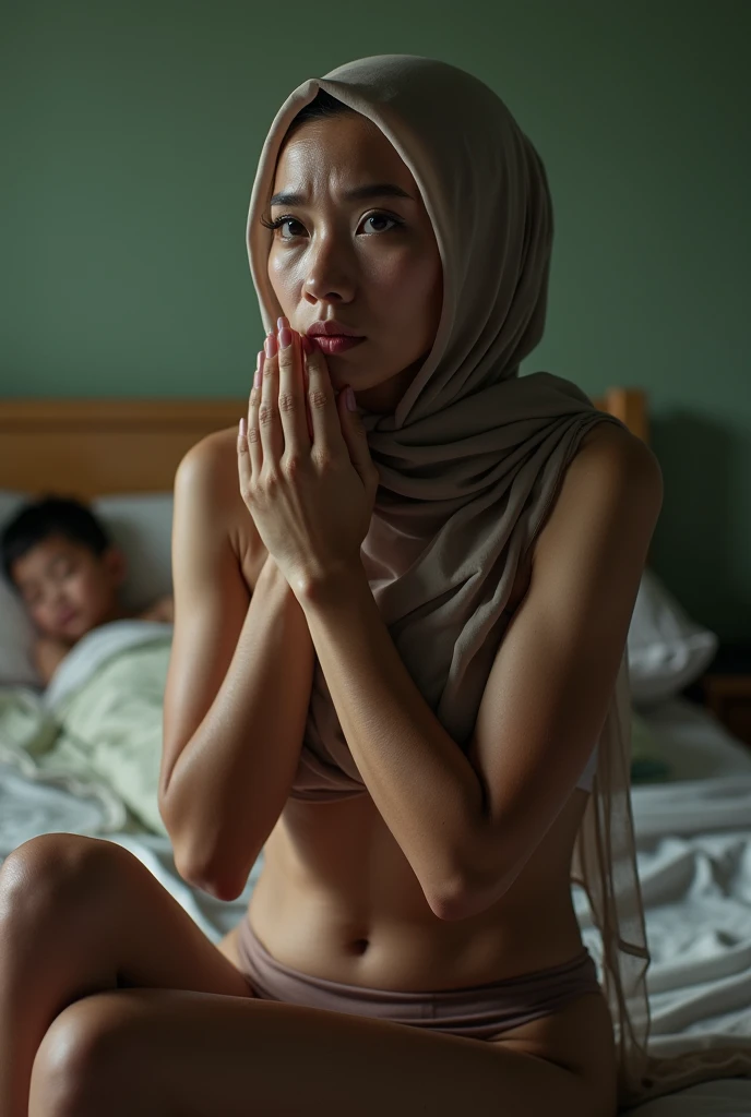 A dramatic, full-body portrait of a beautiful 35-year-old Indonesian woman wearing only her hijab, bra, and panties, sitting on a bed as she cries emotionally, covering her half-naked body with her hand. Her facial expression is one of shame and sadness, having just been humiliated by her 17-year-old son. In the background, a sleeping 14-year-old boy lies next to her. The scene is captured in sharp focus, with surreal lighting and composition. The woman's beautiful face, slim physique and small breasts are prominently featured, as well as her thin waist. The entire image is rendered in stunning detail, with lifelike realism and subtle depth of field. The camera captures the scene in a raw, candid style, reminiscent of 16mm film. Color grading is reminiscent of Portra 400 film, with vibrant colors and nuanced shading.