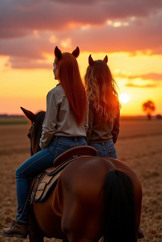 image of two friends each on top of a brown horse, one friend is a redhead, straight hair, black eyes and white skin, the other is a brunette with wavy hair, blonde highlights, brown skin and black eyes, both must be dressed in agriculture, they must be facing away from each other on top of the horse, looking at the sunset on the farm