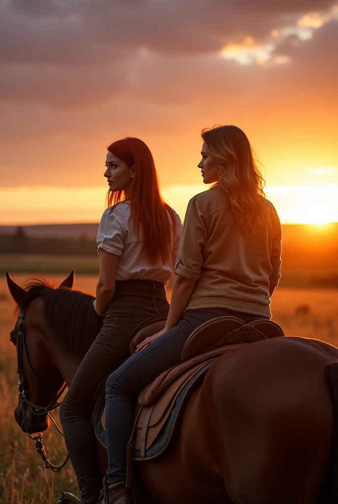 image of two friends each on top of a brown horse, one friend is a redhead, straight hair, black eyes and white skin, the other is a brunette with wavy hair, blonde highlights, brown skin and black eyes, both must be dressed in agriculture, they must be facing away from each other on top of the horse, looking at the sunset on the farm