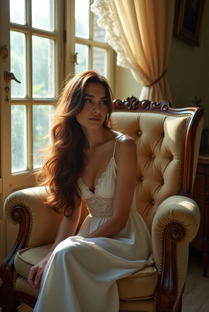 young woman alone, without clothes sitting on an armchair with her legs open