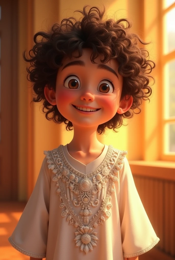 a young jew, Full-body image, 7 years old, Pixar-style, Caucasian skin, curly hair, wearing a white Jewish dress, happy and welcoming expression, detailed facial features, complex clothing folds, warm lighting, film composition, rewarded photography.