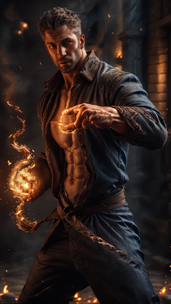 realistic, ((masterpiece)), ((best quality)), (detailed), cinematic, dynamic lighting, soft shadow, detailed background, professional photography, depth of field, intricate, detailed face, subsurface scattering, realistic hair, realistic eyes, muscular, manly, photo of a handsome man,No shirt ,sexy,six pack,, pyromancer blue,