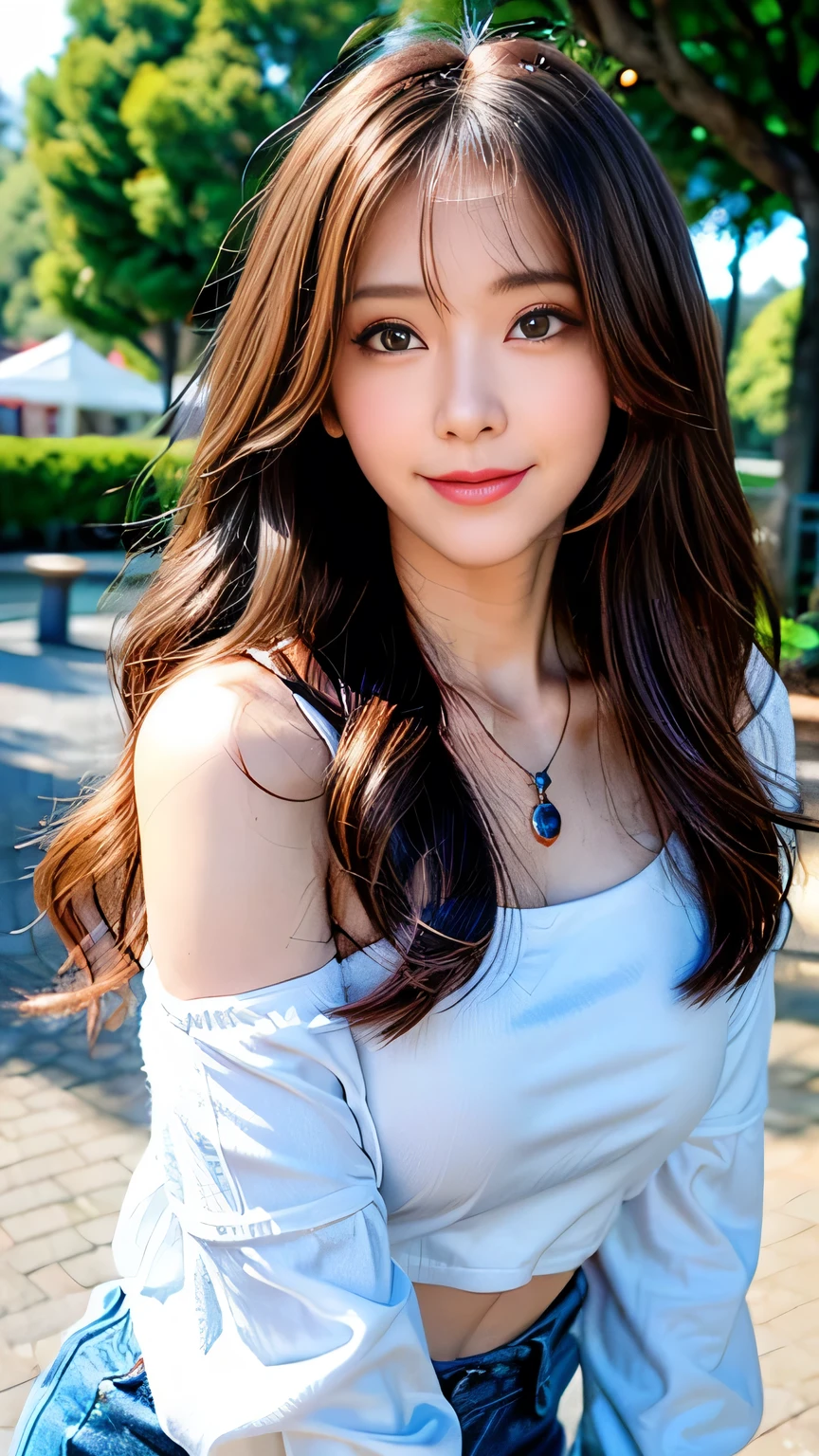seed;2372725988,((Full Body Angle))、((Front hair:1.3))、((Highest quality, 8k, masterpiece: 1.3)), concentrated: 1.2, Cute 1,Nipples erect、 Perfect beauty: 1.4,Summer off-the-shoulder cropped T-shirt、Letter Print、Shorts: 1.2,Long sleeve、Randall Color、comics&Text Graphics、Black ruffle-trimmed drawstring zip blouse,1.1, Highly detailed face and skin textures, Fine grain, double eyelid, whitening skin, ,Highest quality,Ultra-high resolution,you,1 person,alone,_Shiny_skin,Iris,necklace,((brown_length_Wavy_hair)),(lips)),eyelash,Front hair,deal with,compensate,Shiny,pore,skin,Large Breasts、((smiling face))、Walking in the park、Selfie、((close-up))