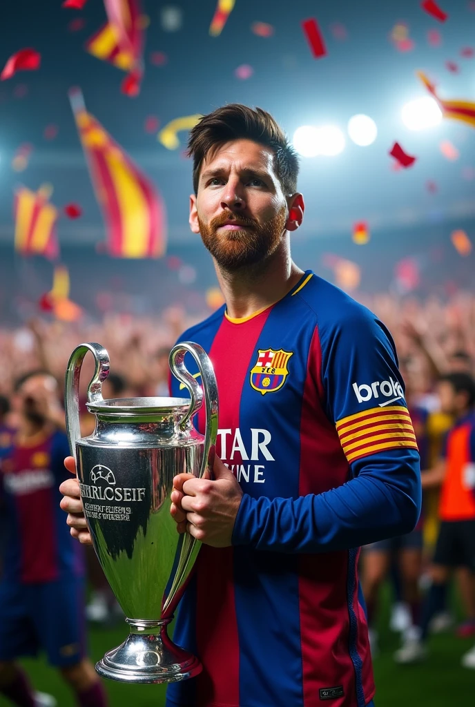Lionel messi is dressed a Barcelona kit with a ucl