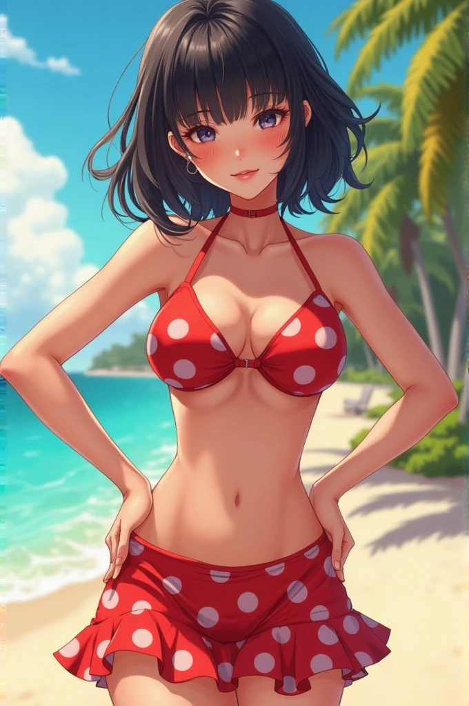 score_9, score_8_up, score_7_up, score_6_up, 1girl, gorgeous girl , kawai girl , cute face, cute girl, black hair, bangs, blushing, choker, (((red polka dot sexy bikini))) , lipstick, large saggy breast, cleavage, (slim fit), wide hips, skirt, small skirt , sexy navel , sexy , sexy thighs , posing , dynamic view, boob focus , pinterest, wallpaper art , artstyle