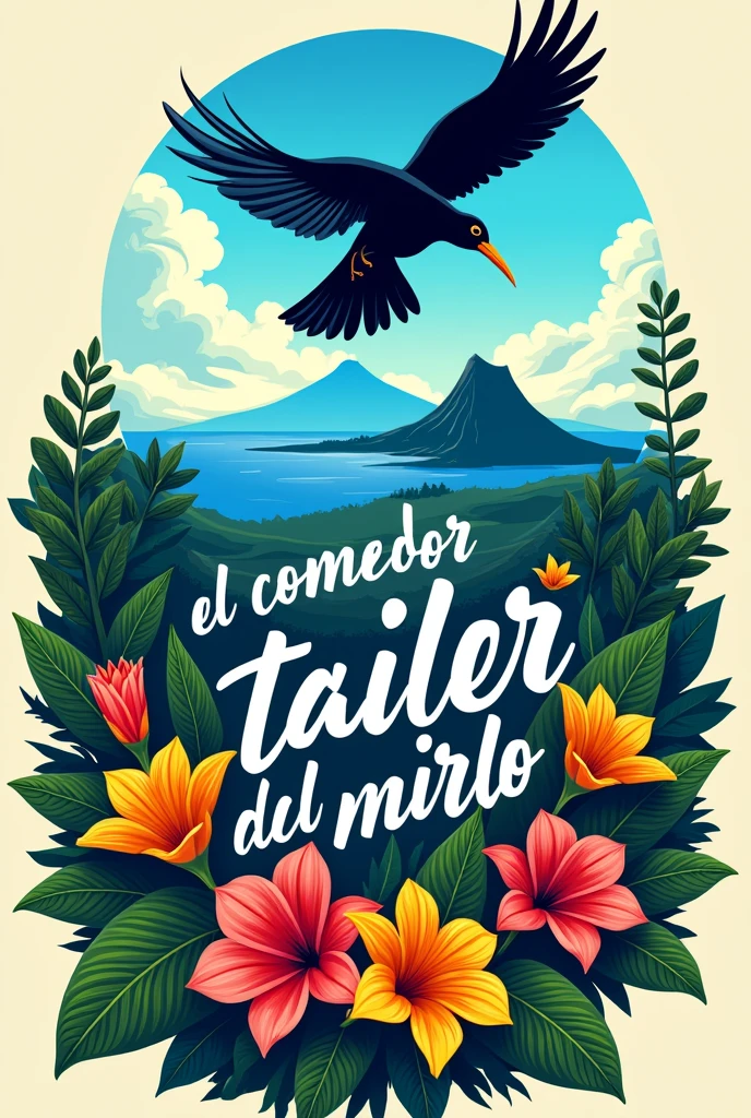 Create a logo that says "the grackle dining- workshop" in Spanish with a grackle and the island of Ometepe in the background that has 2 volcanoes and with bright and beautiful colors