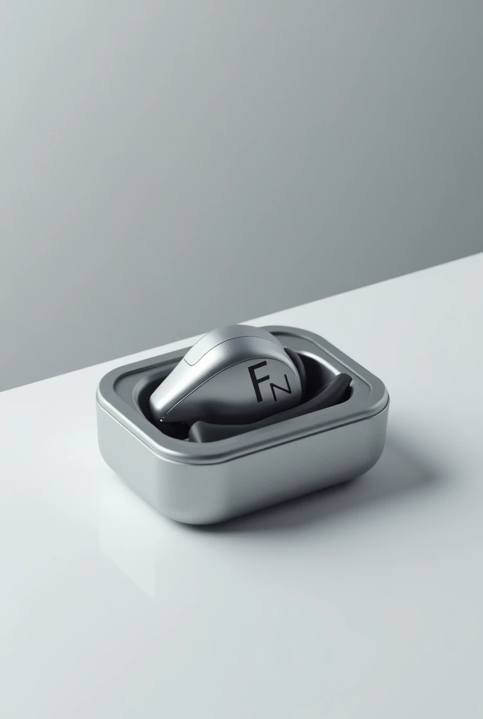 Silver bluetooth headset with charging case, with the letters ( F N ) printed in black and white