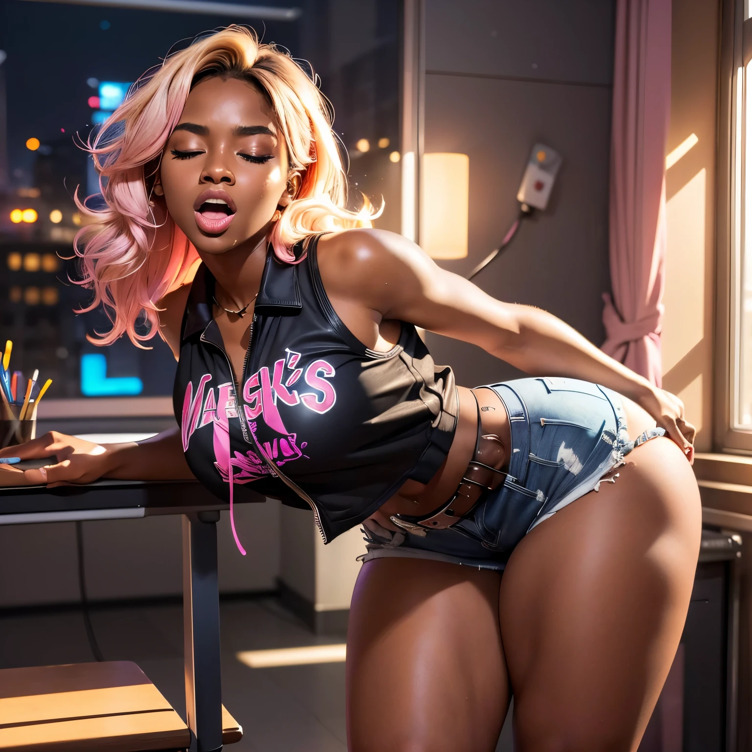 in classroom, (18 years old), (dark skin), dark skin, wide shot, blond hair, orgasm, (floral vest, pink shorts with belt), (Masterpiece, Professional lighting, 16k, 8k wallpaper, raw photo, photorealistic:1.8, ultra detailed, natural lighting, detailed skin sexy pose, open mouth, big lips, night time, eyes closed, magic energy, neon light, orgasm, screaming, narrow shoulders, thick thighs, bent over desk