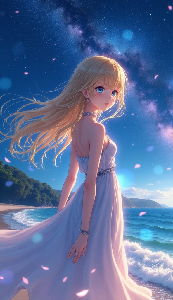 (masterpiece、Highest quality、8k、High resolution)、(The best beautiful girl)、Best Style、(The most beautiful face)、Clear skin、Clean blue eyes、Beautiful lips、Beautiful nose、Blonde Hair、Ample breasts、Walking on the sand、look back、The line of the buttocks is round and beautiful.、Ocean、You can see the forest、A bright night with stars visible、Beautiful starry sky、milky way、(体whole bodyから神秘的な光の粒子、Colorful Light)、The face looks beautiful、(jewelry、necklace)、dress、(whole body)、Highly detailed anime art、A complete portrayal、