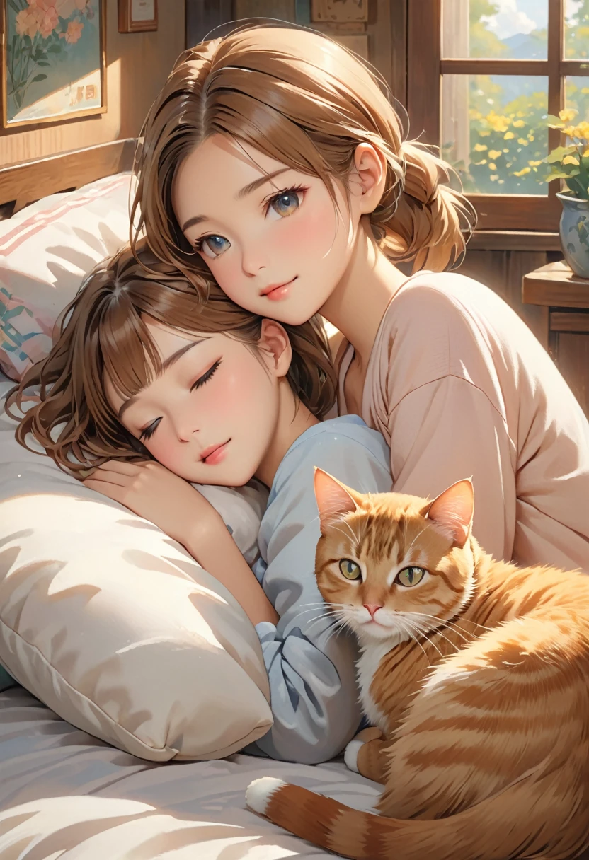 Highest quality、High resolution、Detailed Background、Beautiful face in every detail:、Teenage beauty、Normal number of fingers、Highly detailed face、Detailed eyes、Perfect body line、Light color hair、Braided bob cut、ponytail、cute仕草、A girl with a gentle gaze、
A brown tabby cat was sleeping peacefully in front of a girl standing in a quiet park.、The girl looks at the cat with a gentle gaze、Slowly approaching, snuggling up、The cat noticed the girl&#39;s gentle gesture、He slowly opened his eyes and looked back at the girl.、The girl gently stroked the cat&#39;s head, and the cat closed its eyes as if in comfort.、It&#39;s enough just to feel each other&#39;s presence in silence.、The girl looked at the cat&#39;s gentle expression.、She suddenly smiled.、The love for small lives、It was a moment when I felt the preciousness of life.、cute
