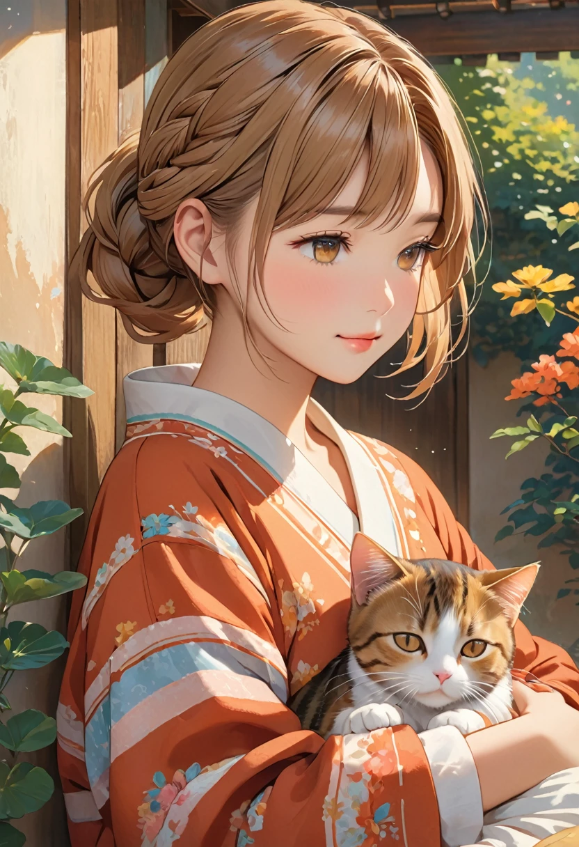 Highest quality、High resolution、Detailed Background、Beautiful face in every detail:、Teenage beauty、Normal number of fingers、Highly detailed face、Detailed eyes、Perfect body line、Light color hair、Braided bob cut、ponytail、cute仕草、A girl with a gentle gaze、
A brown tabby cat was sleeping peacefully in front of a girl standing in a quiet park.、The girl looks at the cat with a gentle gaze、Slowly approaching, snuggling up、The cat noticed the girl's gentle gesture、He slowly opened his eyes and looked back at the girl.、The girl gently stroked the cat's head, and the cat closed its eyes as if in comfort.、It's enough just to feel each other's presence in silence.、The girl looked at the cat's gentle expression.、She suddenly smiled.、The love for small lives、It was a moment when I felt the preciousness of life.、cute